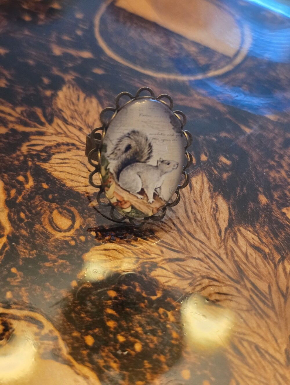 Squirrel Glass Cabochon In Bronze Tone Adjustable Ring